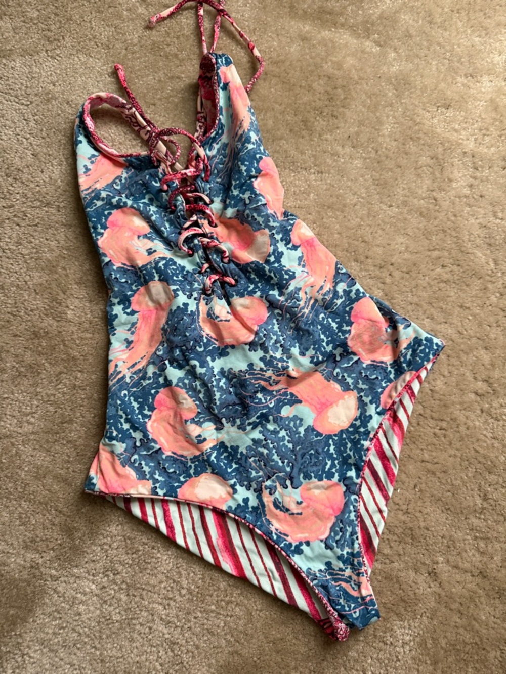 Maaji Pink Coral & Blue Lace-Up One-Piece Swimsuit